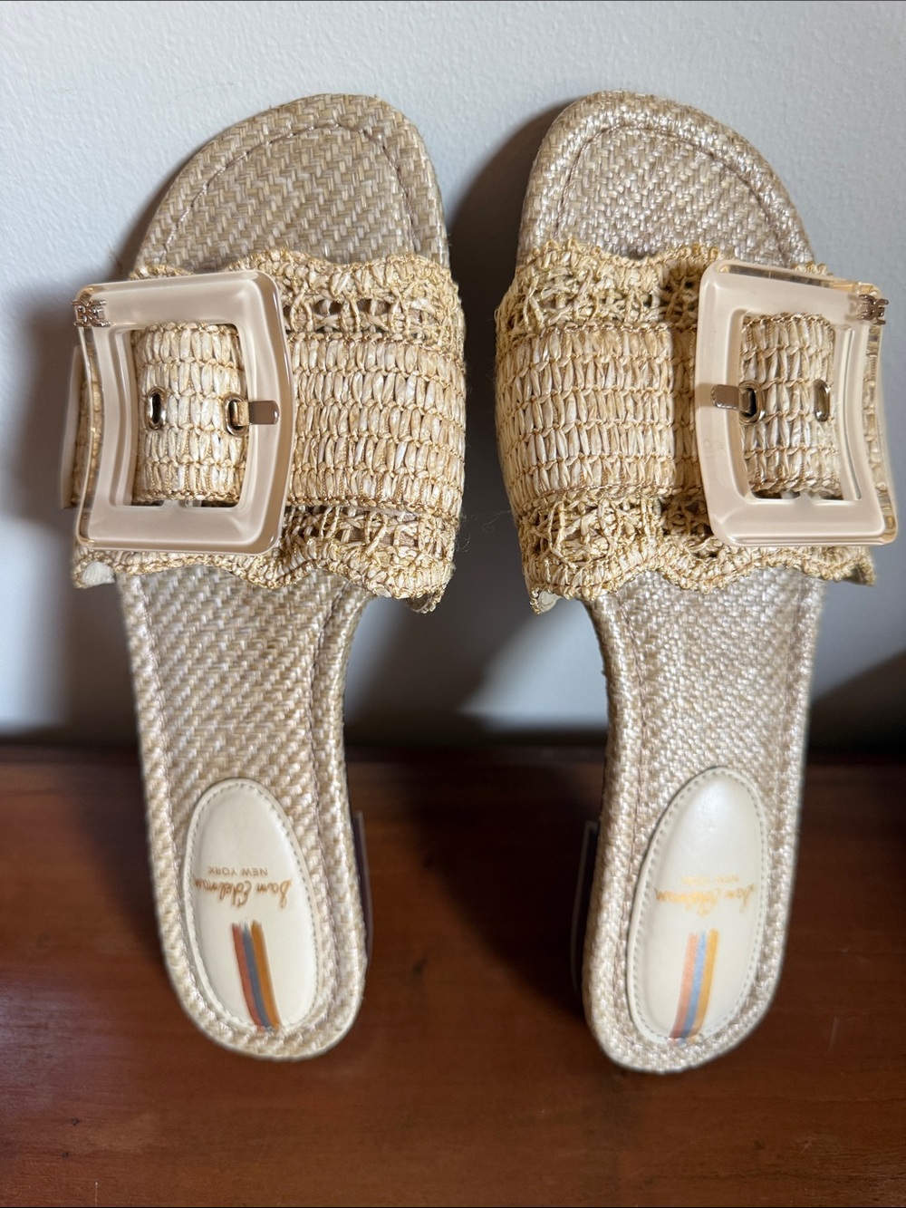 Sam Edelman Bambi Slide Woven Tan Raffia Sandals with Gold Buckle, size 9 M